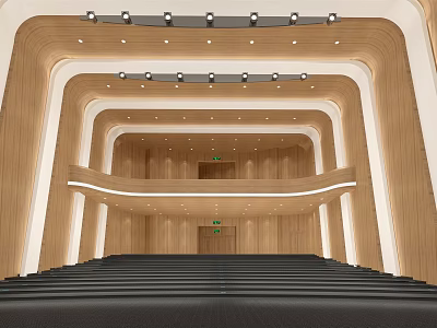 Book Art Inspired Interior With Wooden Multi Level Structure And Warm Lighting Design 3d model