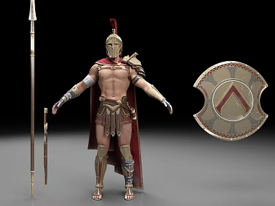 Man Dressed As Spartan Warrior Wearing Armor With Red Cape Spear And Shield 3d model