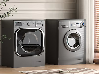 Modern Silver Washing Machines In Indoor Setting With Wooden Floor And Plant 3d model
