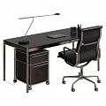 Modern Office Desk with Black Ergonomic Chair Metal Lamp and Pencil Holder