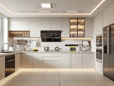 Sleek Modern Kitchen Interior With White Cabinets Island And Stainless Steel Appliances 3d model