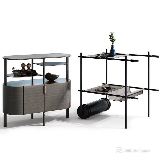 Modern Wooden And Metal Frame Side Tables With Glass Shelves And Decorative Items 3d model 