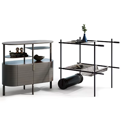 Modern Wooden And Metal Frame Side Tables With Glass Shelves And Decorative Items 3d model