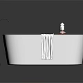 Modern White Bathtub With Wooden Tray Bottles Glass And Hanging White Towel