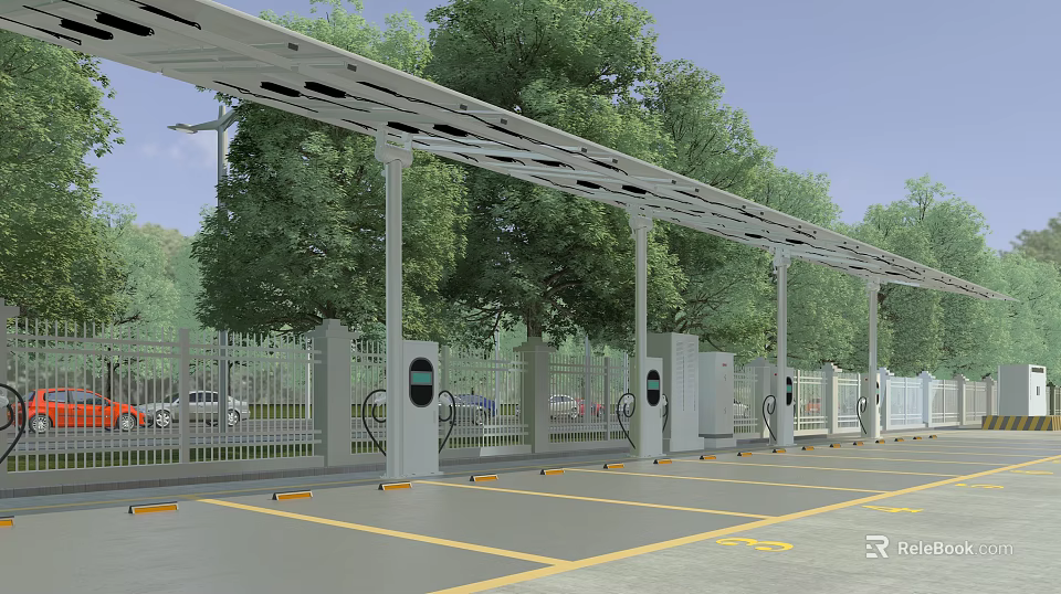 Solar Panel Roof Parking Lot With Electric Vehicle Charging Stations Marked Spaces And Trees 3d model 