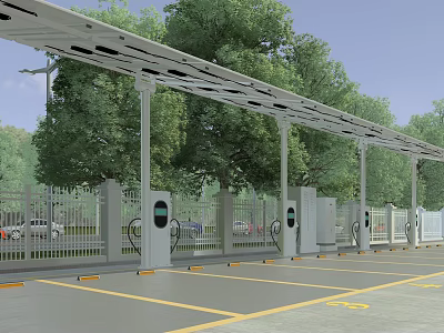 Solar Panel Roof Parking Lot With Electric Vehicle Charging Stations Marked Spaces And Trees 3d model