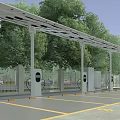 Solar Panel Roof Parking Lot With Electric Vehicle Charging Stations Marked Spaces And Trees