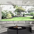 Large White Curved Sectional Sofa with Round Coffee Table and Garden View Through Large Windows 3d model