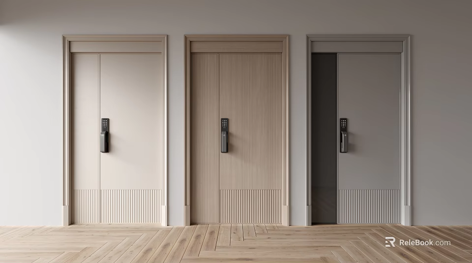 Three Modern Security Doors With Different Colors Electronic Locks For Home Security 3d model