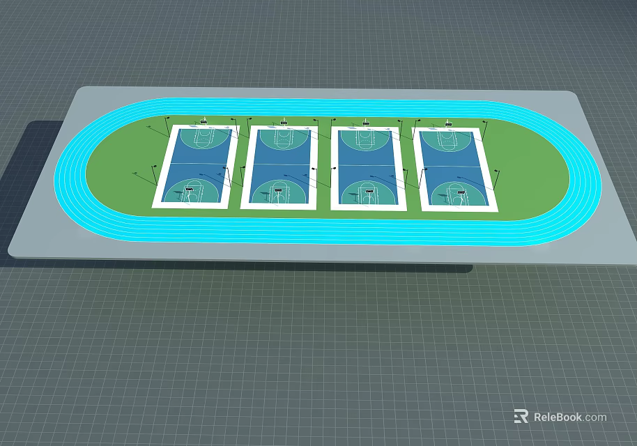 Four Basketball Courts Side by Side With Blue Running Track Design Layout 3d model 