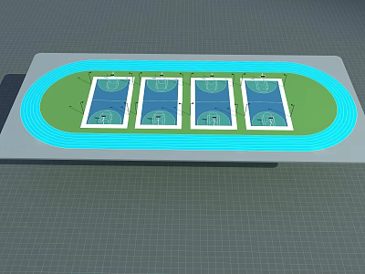 Four Basketball Courts Side by Side With Blue Running Track Design Layout 3d model