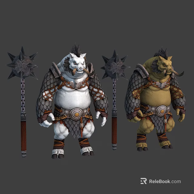 Two Fantasy Boar Warrior Characters in Armored Gear with Spiked Maces 3d model 