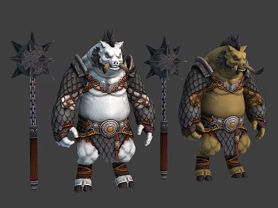 Two Fantasy Boar Warrior Characters in Armored Gear with Spiked Maces 3d model