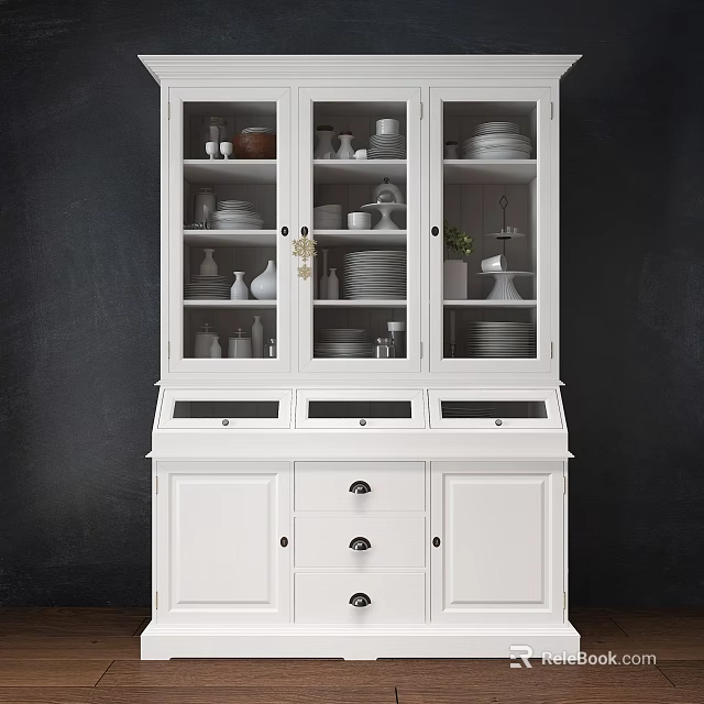 White Sideboard with Glass Doors Displaying Dinnerware Plates Bowls and Decorative Items 3d model 