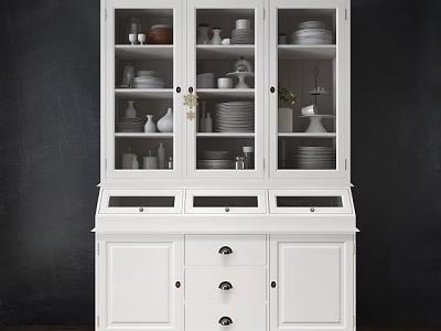 White Sideboard with Glass Doors Displaying Dinnerware Plates Bowls and Decorative Items 3d model