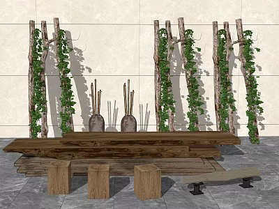 Wooden Table and Chair Set With Green Vines Light Wall and Gray Stone Floor 3d model