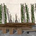 Wooden Table and Chair Set With Green Vines Light Wall and Gray Stone Floor