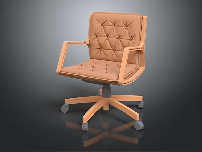 Light Brown Leather Office Chair with Diamond Stitched Backrest Wooden Armrests Five Star Base Casters 3d model