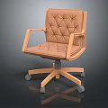 Light Brown Leather Office Chair with Diamond Stitched Backrest Wooden Armrests Five Star Base Casters