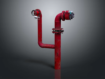 Red Rusty Metal Fire Pipe With Two Valves On Gray Background 3d model