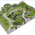 Garden Landscape Design With White Brick Wall And Lush Green Trees