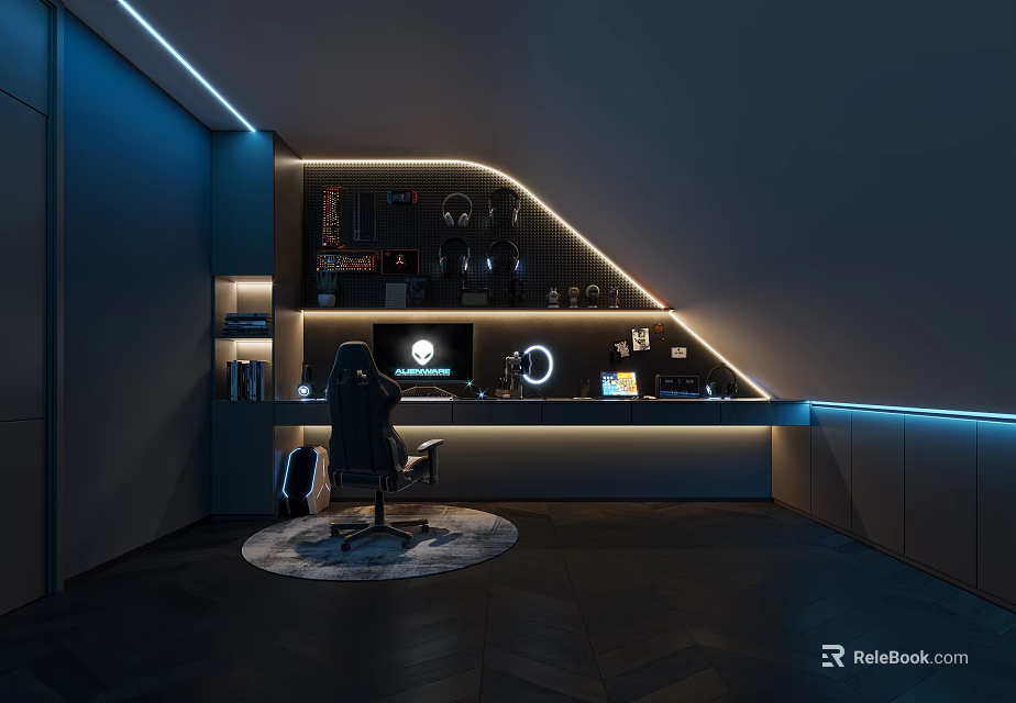 Modern Dark Workspace Interior With LED Lighting Computer Setup And Ergonomic Chair 3d model