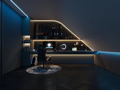 Modern Dark Workspace Interior With LED Lighting Computer Setup And Ergonomic Chair 3d model