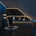 Modern Dark Workspace Interior With LED Lighting Computer Setup And Ergonomic Chair 3d model