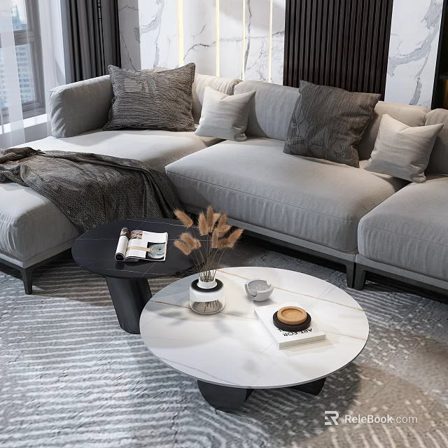 Round Black And White Coffee Table With Dried Plants Books In Modern Living Room 3d model 