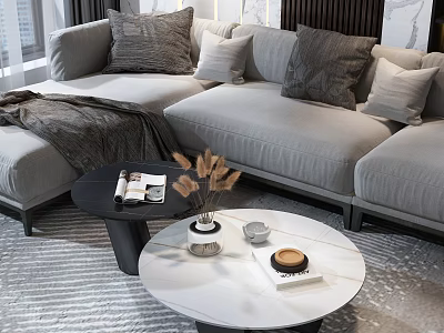 Round Black And White Coffee Table With Dried Plants Books In Modern Living Room 3d model