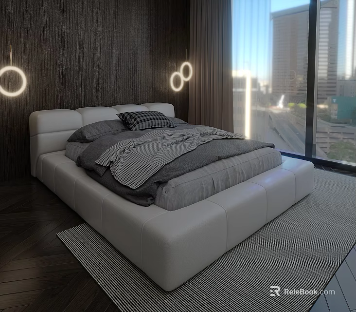 Upholstered White Double Bed With Circular Wall Lights Dark Wood Wall And City View 3d model 