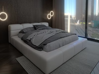 Upholstered White Double Bed With Circular Wall Lights Dark Wood Wall And City View 3d model