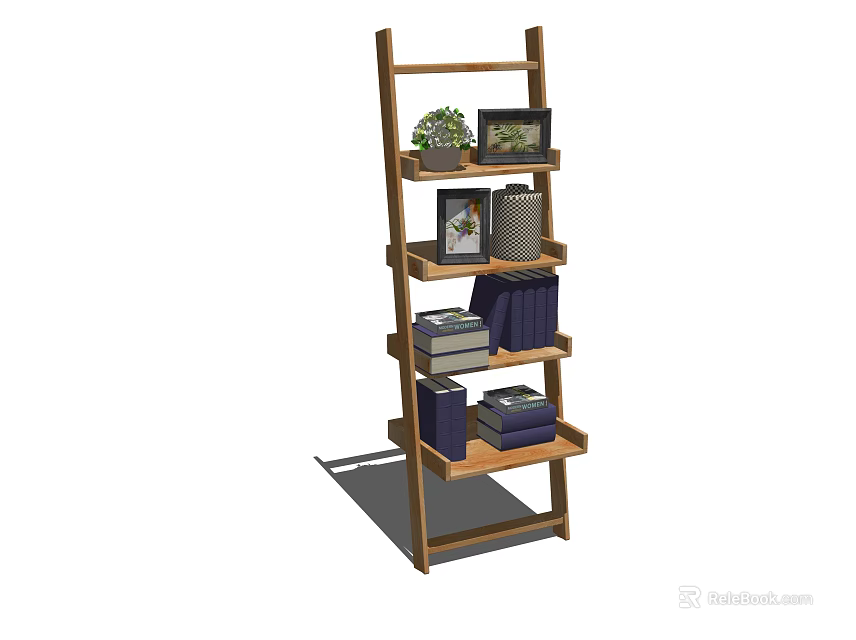 Wooden Bookcase With Multiple Shelves Holding Potted Plant Photo Frames And Storage Boxes 3d model 