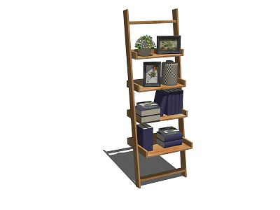 Wooden Bookcase With Multiple Shelves Holding Potted Plant Photo Frames And Storage Boxes 3d model