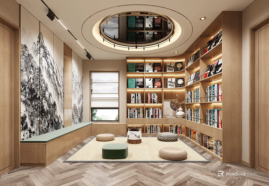 Modern Study Room Interior Featuring Circular Ceiling Bookshelves Landscape Painting Round Carpet And Poufs 3d model 