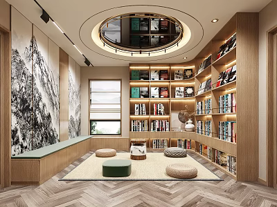 Modern Study Room Interior Featuring Circular Ceiling Bookshelves Landscape Painting Round Carpet And Poufs 3d model