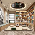 Modern Study Room Interior Featuring Circular Ceiling Bookshelves Landscape Painting Round Carpet And Poufs