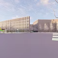 Modern School Building With Striped Glass Facade Surrounded By Trees And Sunlit Pathway