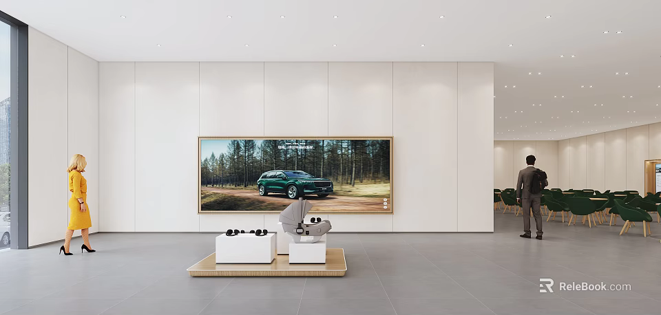 4S Store Showroom Interior Featuring Large Screen Displaying Green SUV And Modern Display Stands 3d model 