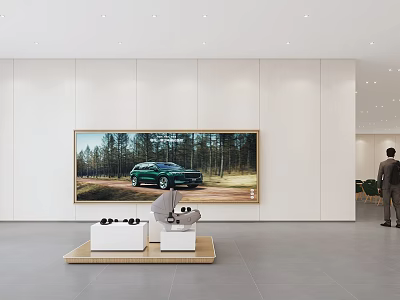 4S Store Showroom Interior Featuring Large Screen Displaying Green SUV And Modern Display Stands 3d model