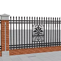 Black Iron Fence With Decorative Pattern And Red Brick Pillars Stone Base 3d model