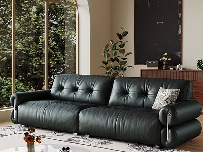 Modern Living Room Interior With Black Leather Sofa Large Windows And Green Plants 3d model
