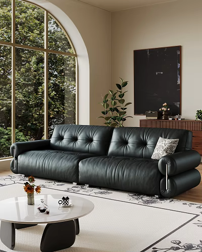Modern Living Room Interior With Black Leather Sofa Large Windows And Green Plants 3d model