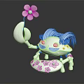 Cute Cartoon Creature Character With Light Blue Hair Holding Pink Flower and Petal-shaped Body