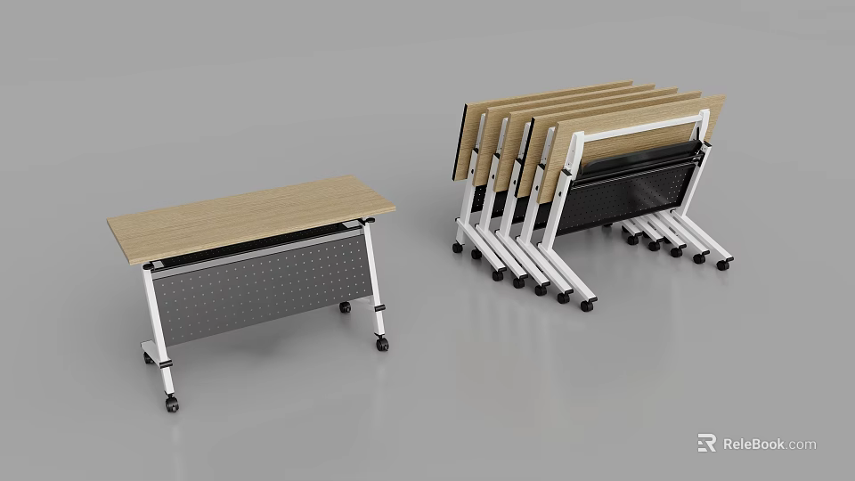 Foldable Conference Tables With Wooden Tops Metal Frames And Casters Unfolded And Stacked 3d model 