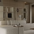 Modern Duplex Living Room Interior With Beige Sofa Wooden Bookshelf Staircase And Carpet