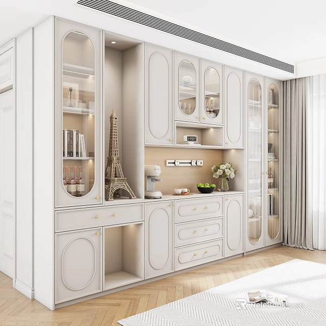 Elegant Modern Restaurant Interior With White Cabinets Glass Doors Eiffel Tower Model and Coffee Machine 3d model 