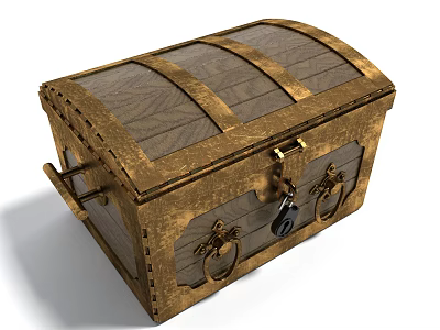 Vintage Wooden Chest With Brass Bands Lock And Decorative Ring Handles 3d model