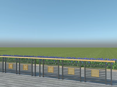 Decorative Fence Railings With Golden Panels On Wooden Deck By Green Grass And Blue Flowers 3d model