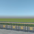 Decorative Fence Railings With Golden Panels On Wooden Deck By Green Grass And Blue Flowers